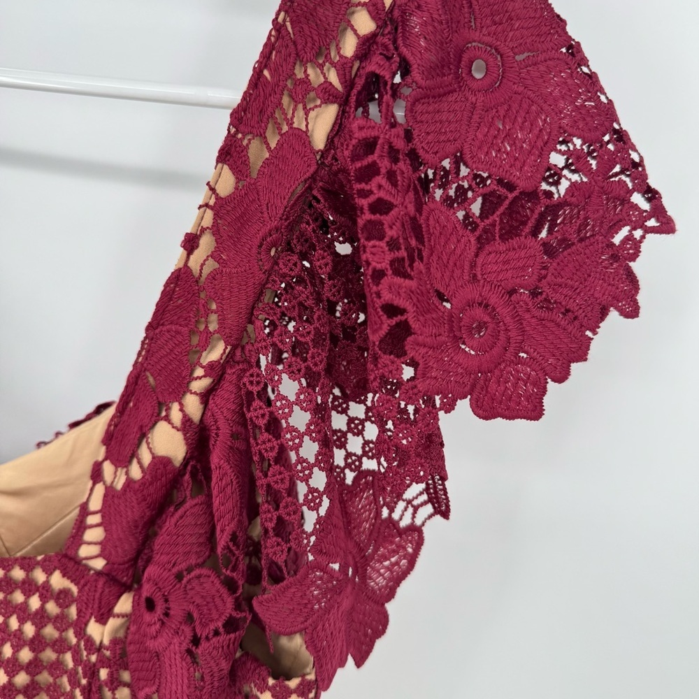 Bardot feminine whimsical  fairy Burgundy Lace romantic, formal Midi Dress - Picture 6 of 14
